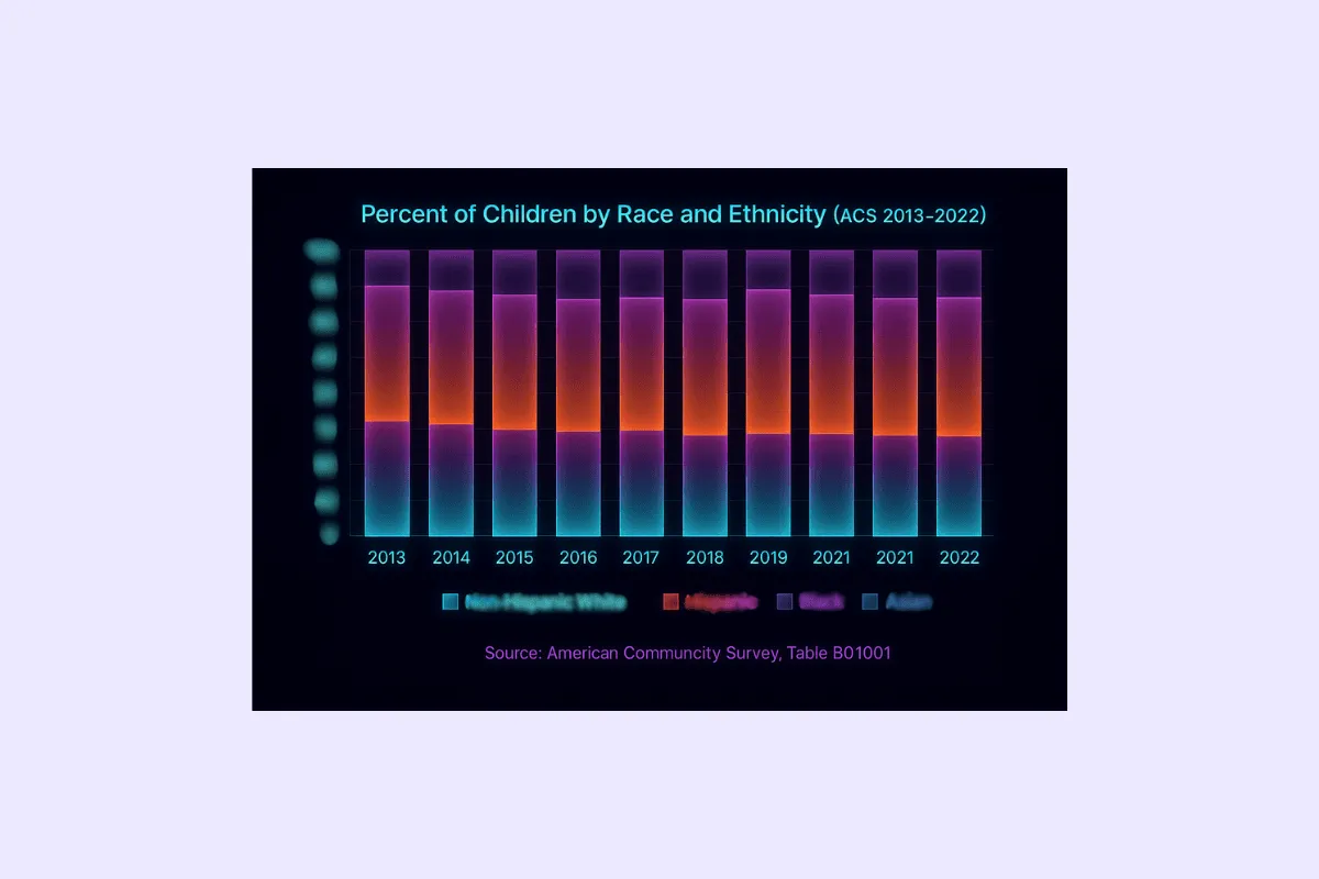 Stacked bar chart of the percent of Texas children by race and ethnicity, 2012 to 2022